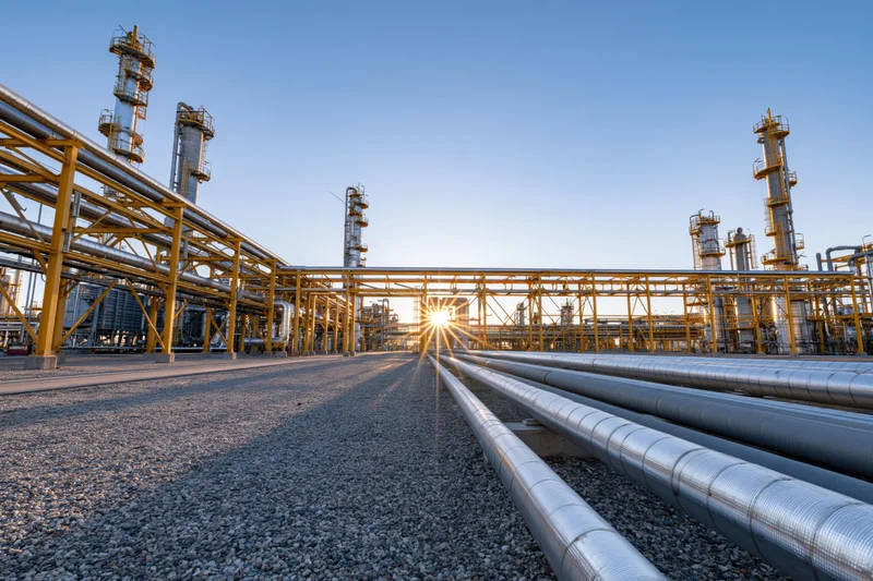 Wide view of oil refinery exterior with pipelines and towers under clear sky at sunrise