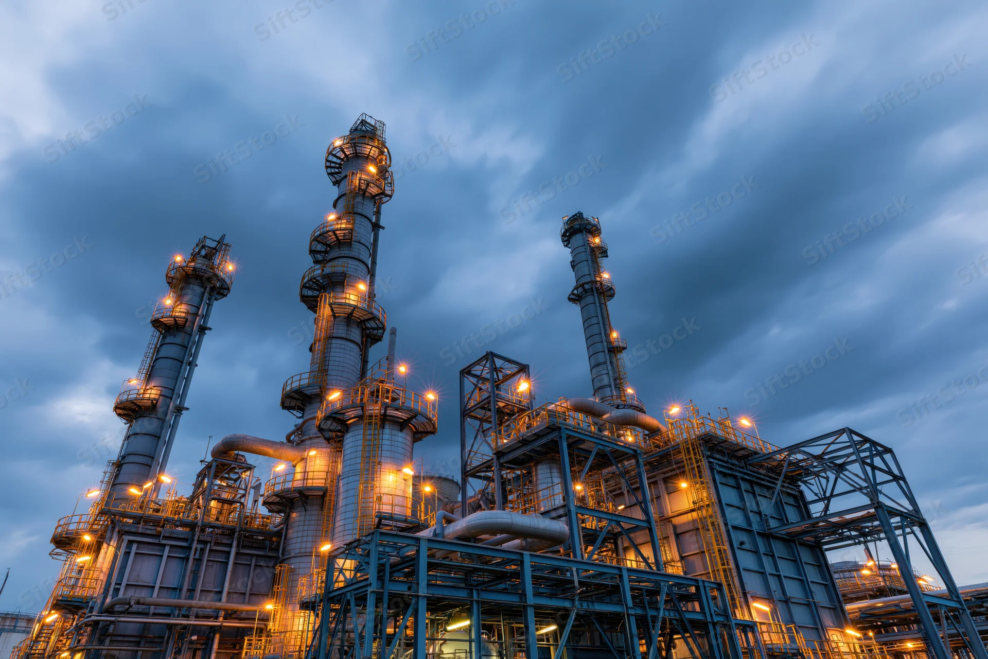 Industrial refinery complex with illuminated towers and pipelines under a cloudy evening sky