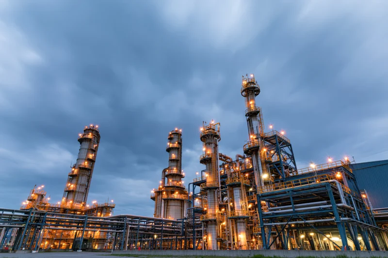 Illuminated oil refinery towers and pipelines at twilight under cloudy sky