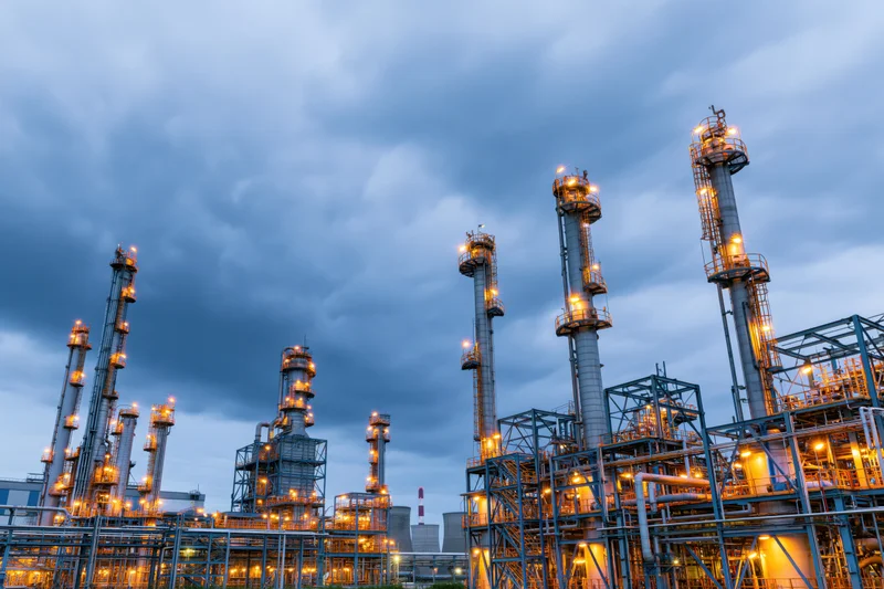 Industrial oil refinery with illuminated towers and steel framework at twilight