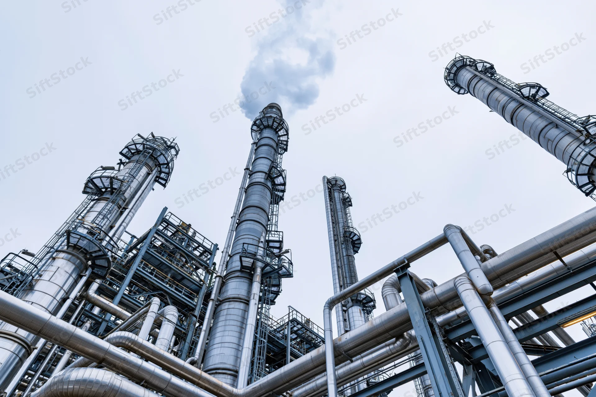 Low-angle view of a petrochemical refinery with tall smokestacks and steel pipelines against an overcast sky