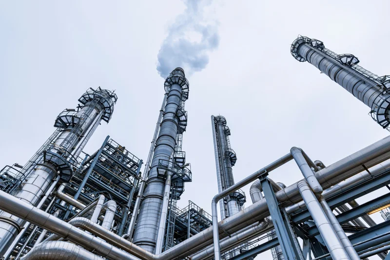 Low-angle view of a petrochemical refinery with tall smokestacks and steel pipelines against an overcast sky