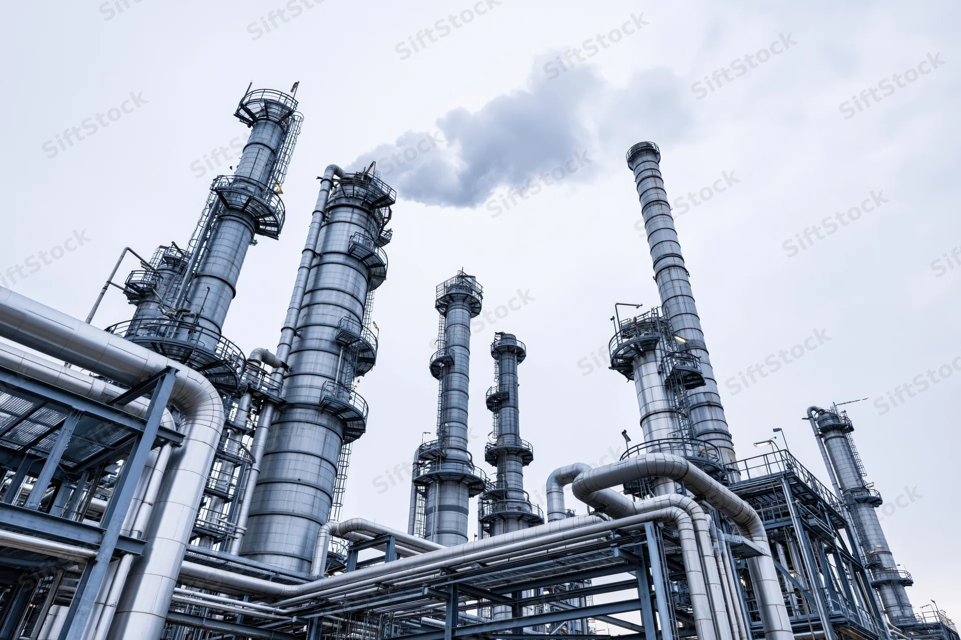 Low-angle view of a petrochemical refinery with tall smokestacks and steel pipelines against an overcast sky