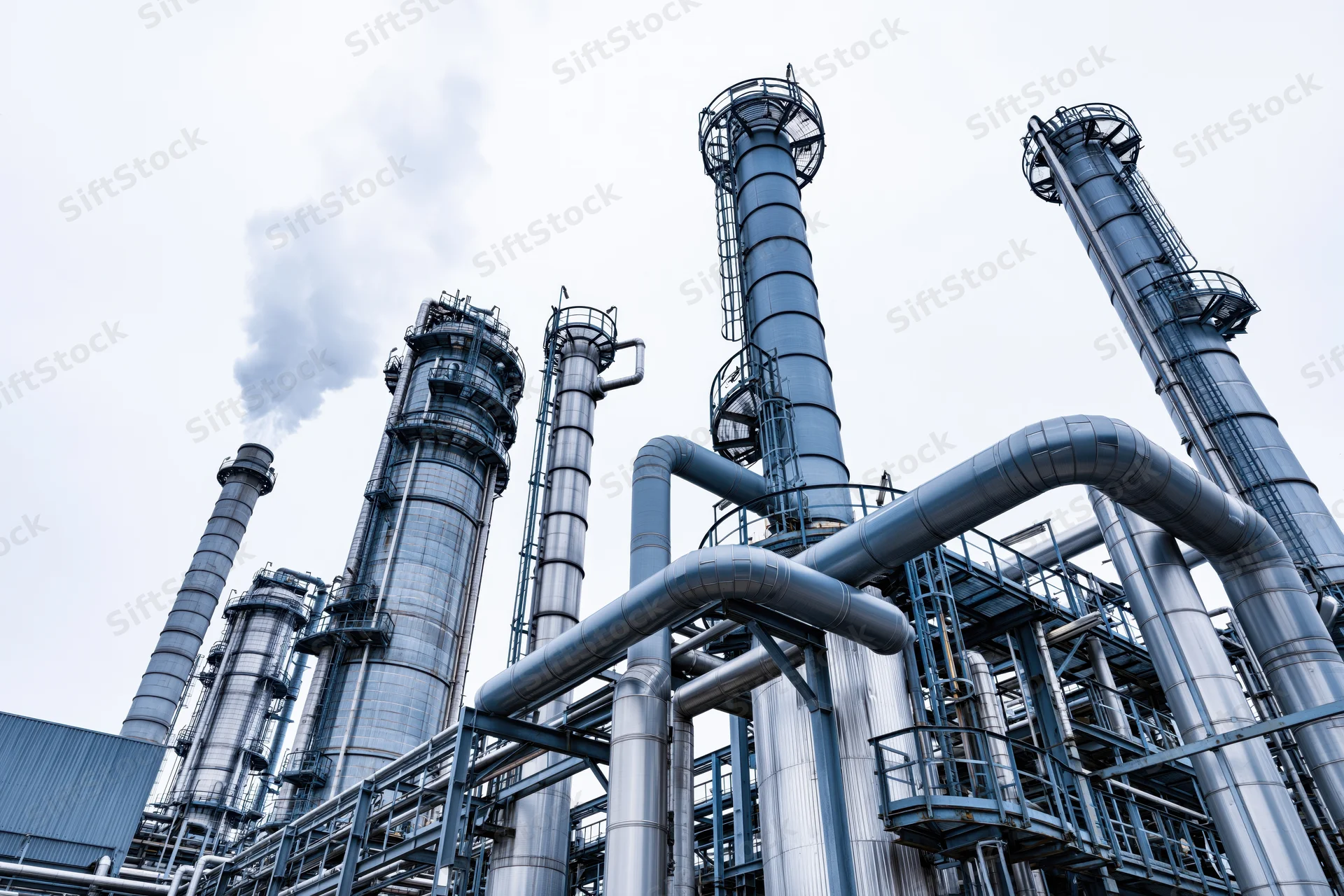 Low-angle view of a petrochemical refinery with tall smokestacks and steel pipes against an overcast sky