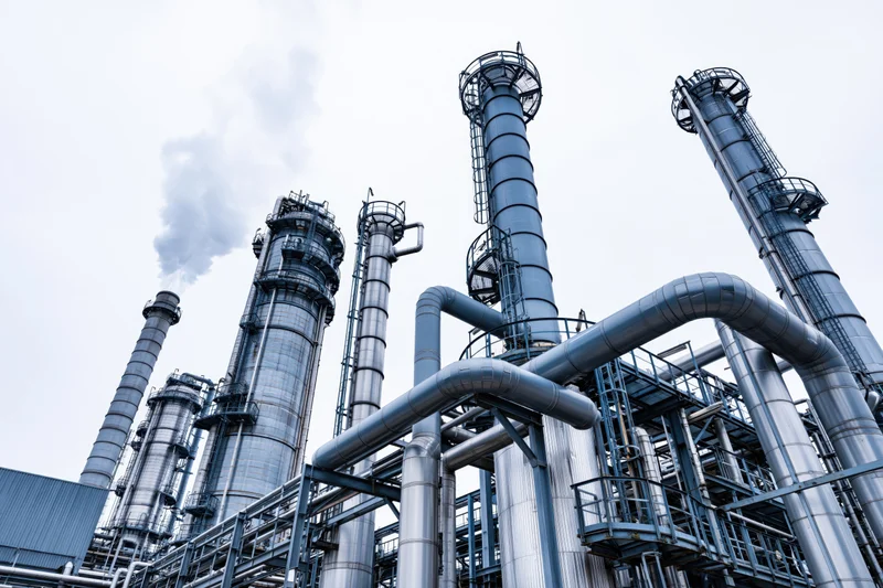 Low-angle view of a petrochemical refinery with tall smokestacks and steel pipes against an overcast sky