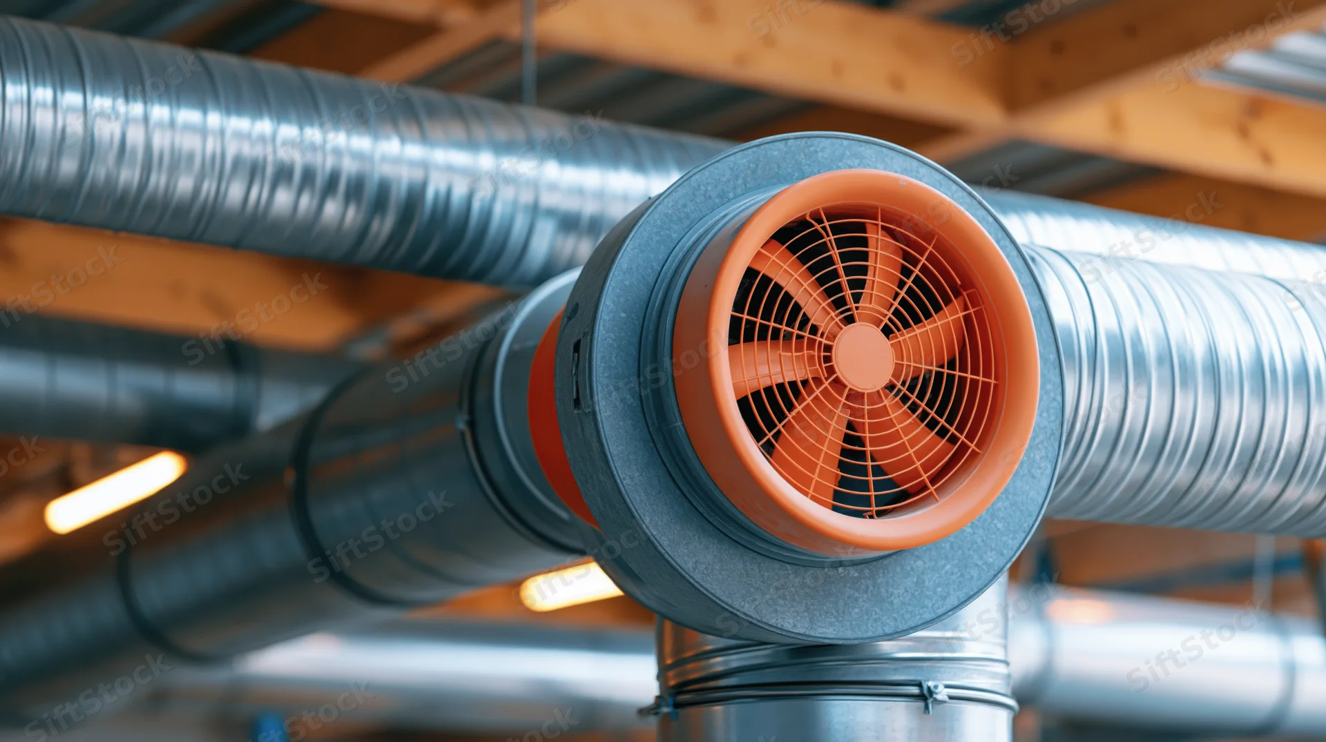 Industrial ventilation fan mounted on metal duct under ceiling