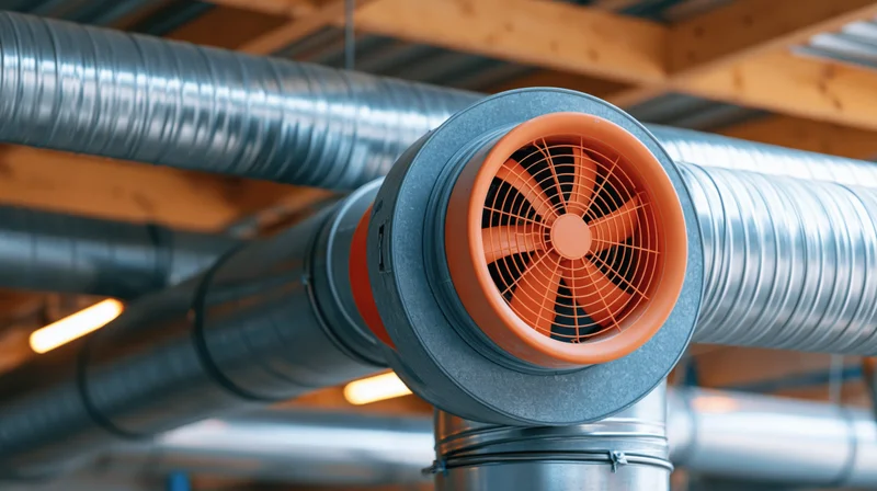 Industrial ventilation fan mounted on metal duct under ceiling