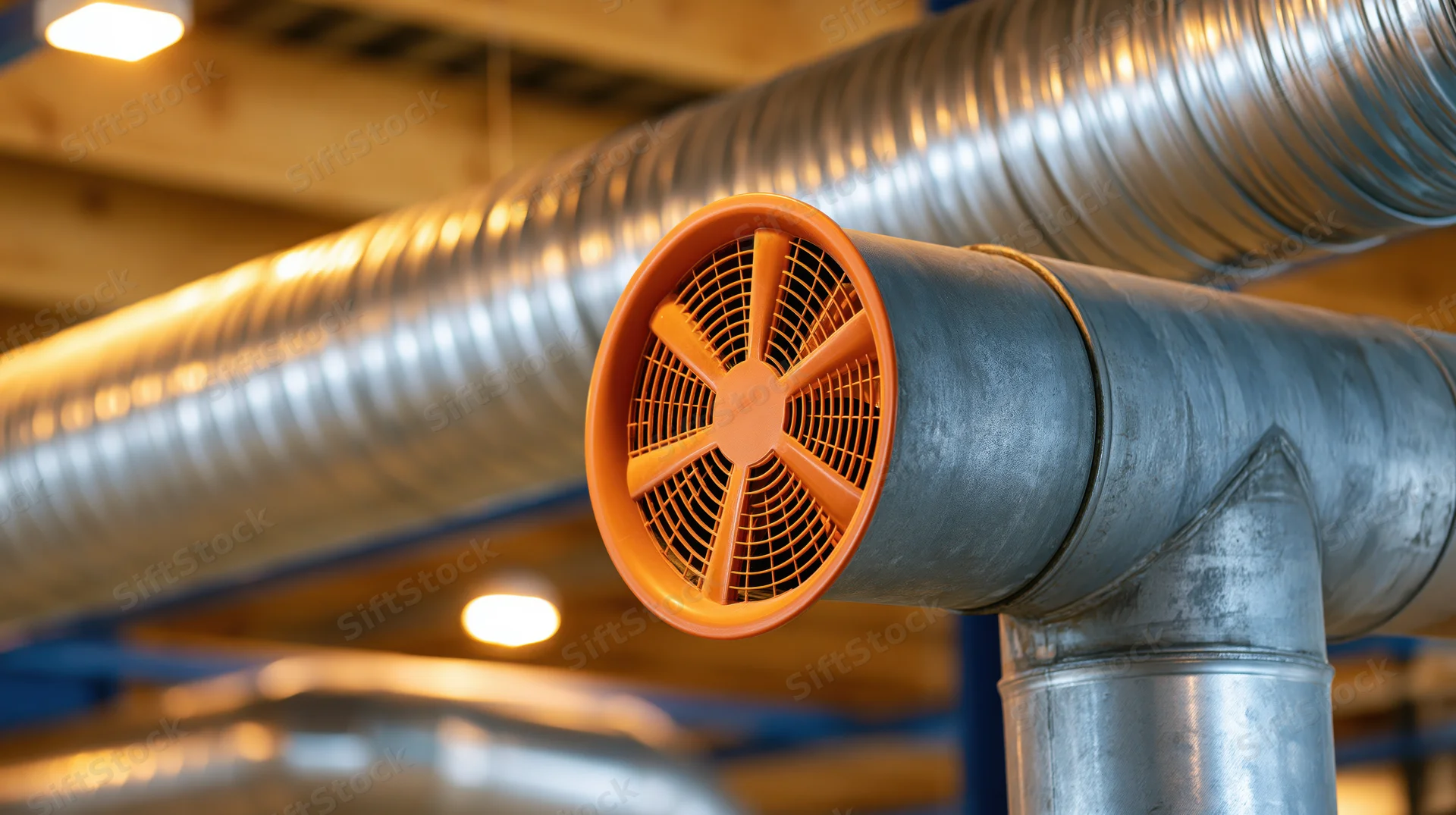 Industrial ventilation fan mounted on metal duct inside a facility ceiling