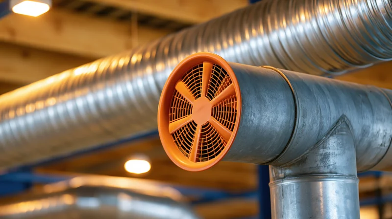 Industrial ventilation fan mounted on metal duct inside a facility ceiling