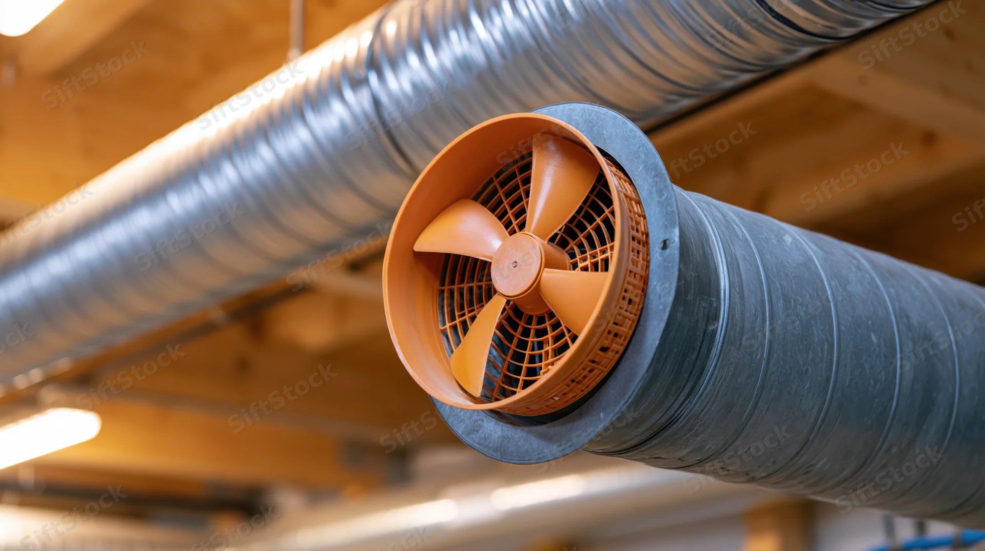 Industrial ventilation fan mounted on metal duct under ceiling