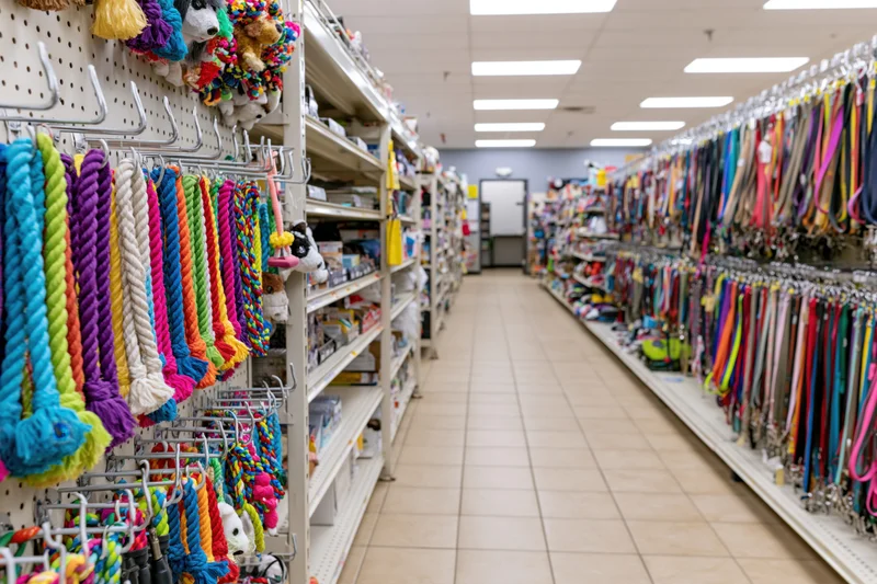 Pet store aisle with shelves of dog toys and leashes on both sides