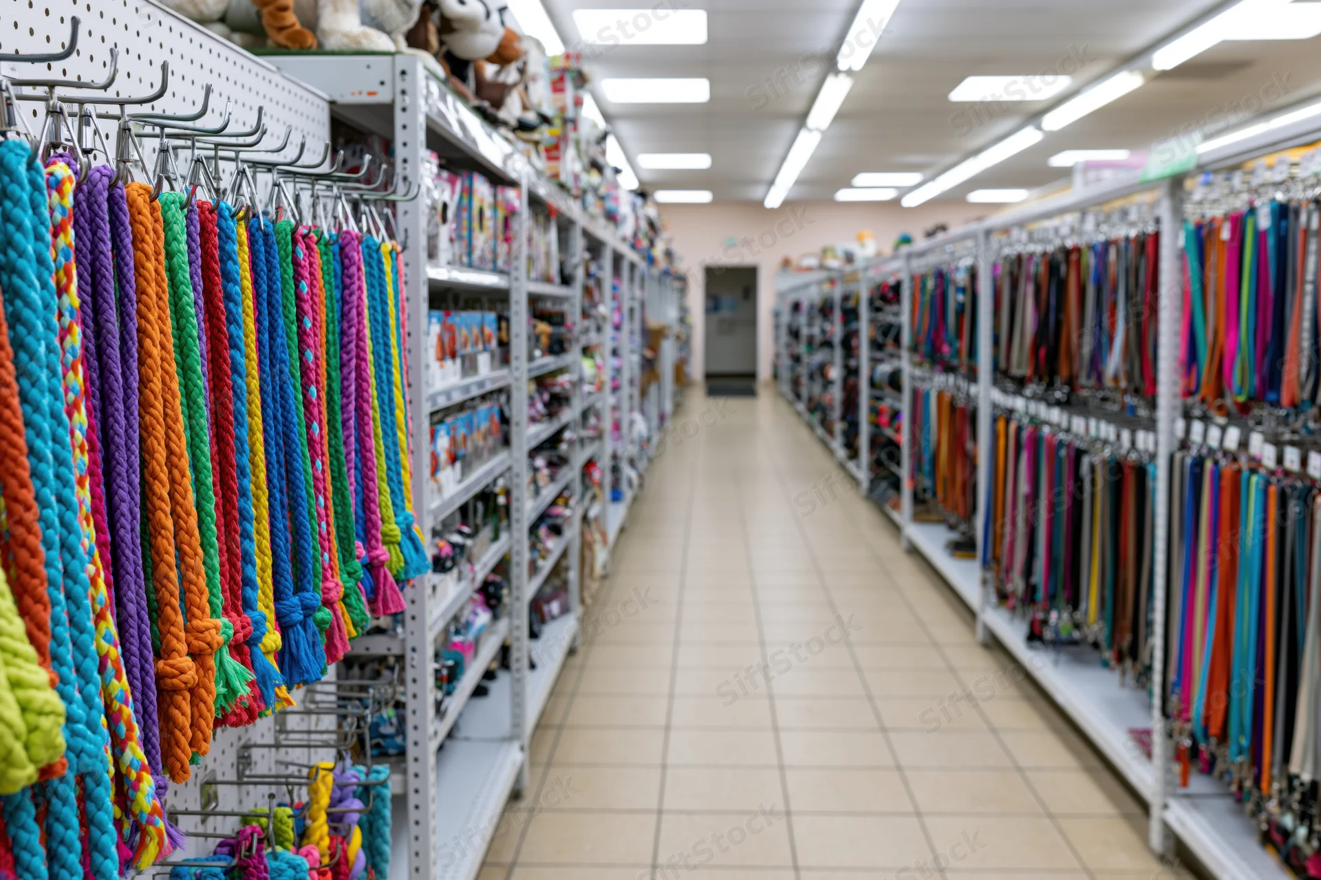 Aisle in pet supply store lined with shelves of dog leashes and toys