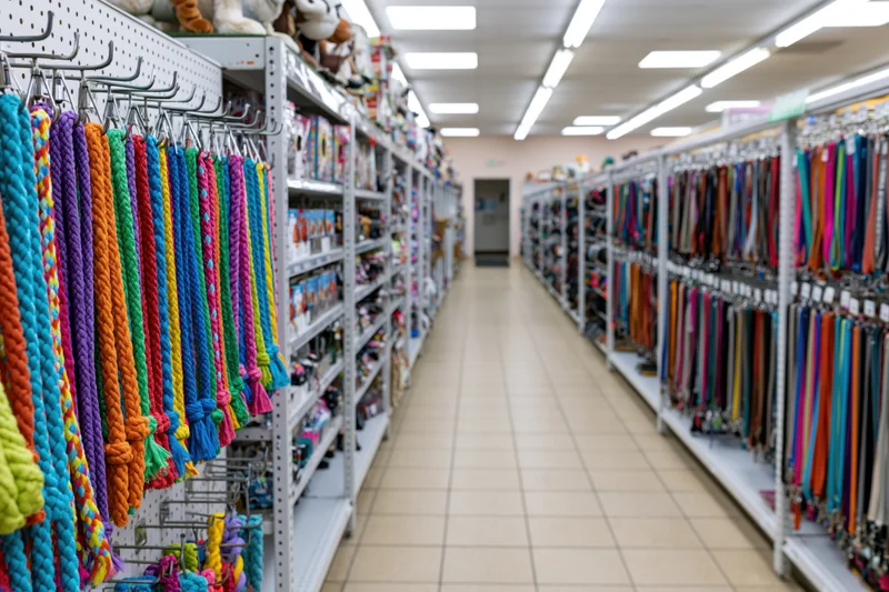 Aisle in pet supply store lined with shelves of dog leashes and toys