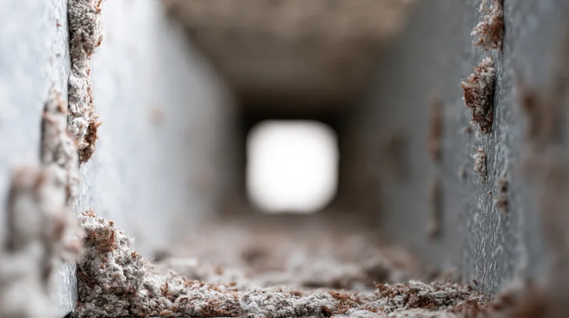 View through a dirty hvac air duct interior showing grime and fibrous insulation buildup