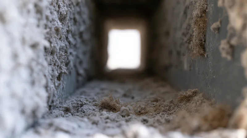 Interior of a dirty hvac air duct with dust and debris buildup leading to a bright square opening