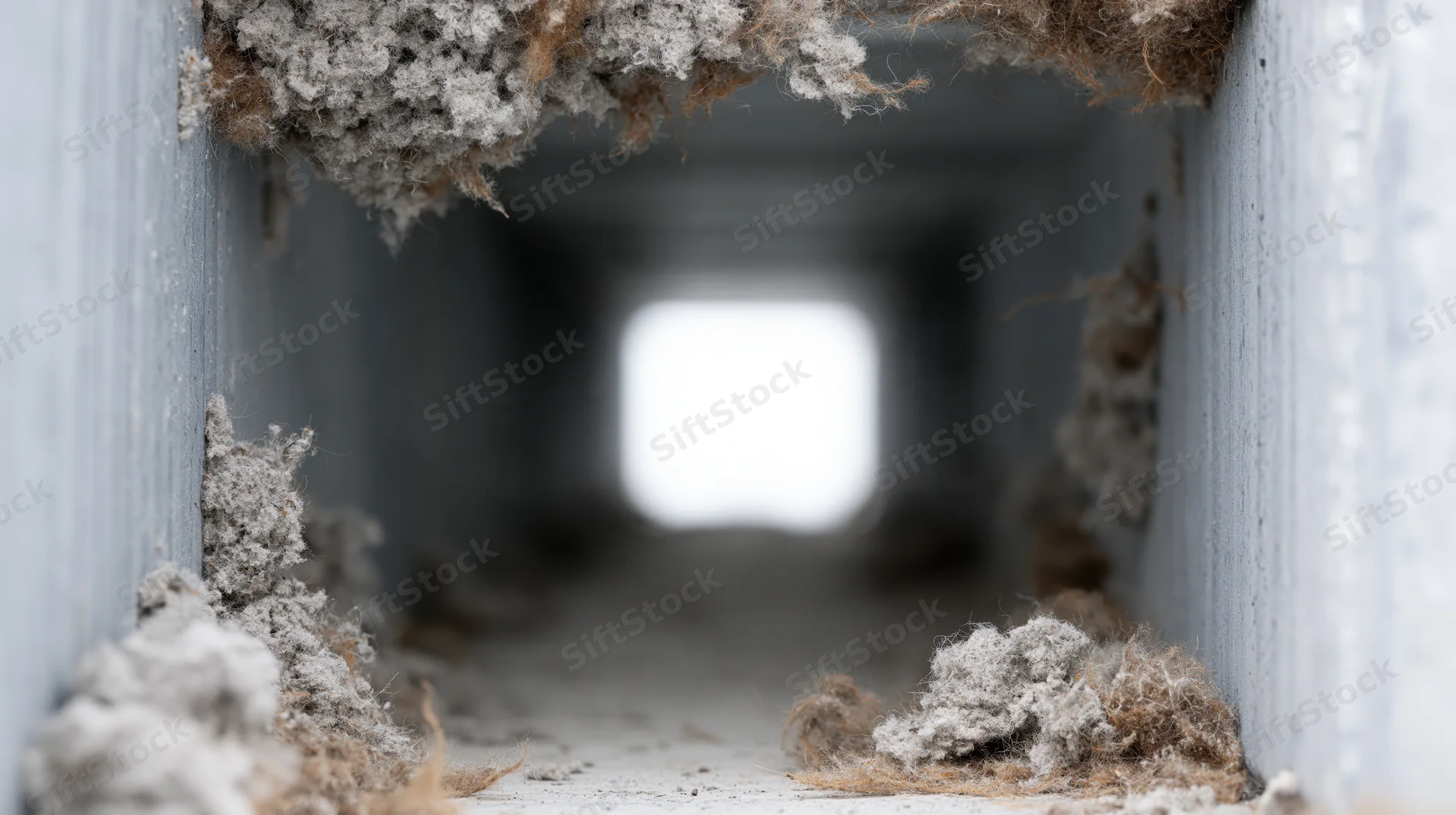 Interior of a dirty hvac air duct with dust and lint buildup along the walls and ceiling, viewed straight through the tunnel