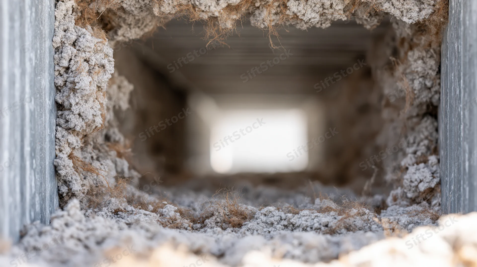 View through a clogged hvac air duct interior showing accumulated dust and debris