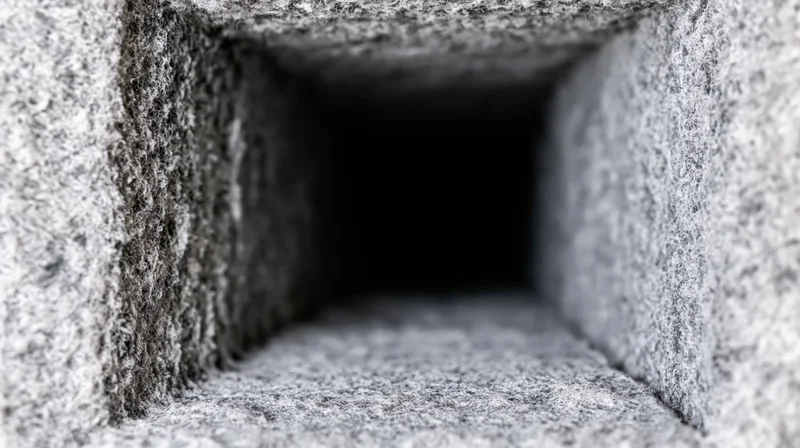 Interior of a dirty rectangular hvac air duct showing fibrous insulation and grime buildup