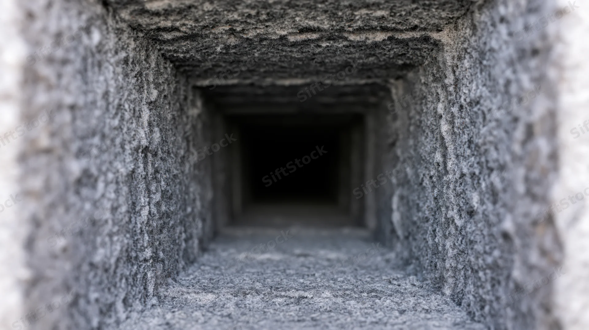 Interior of a dirty rectangular hvac air duct showing grime and debris buildup