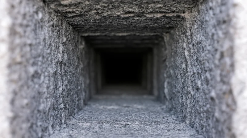 Interior of a dirty rectangular hvac air duct showing grime and debris buildup