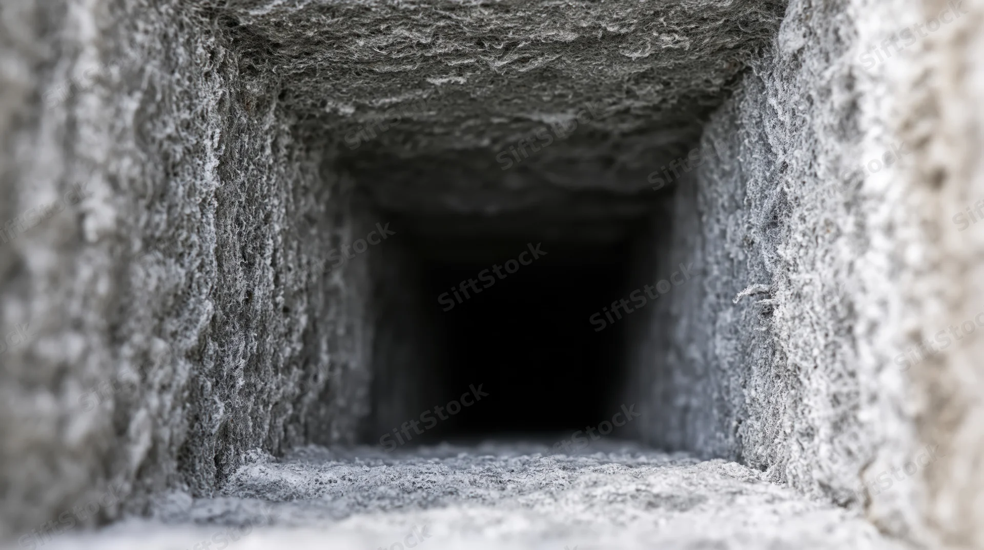 Interior of a rectangular hvac air duct showing dark passage through textured concrete walls