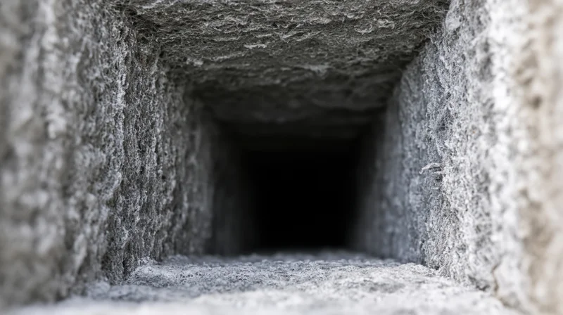 Interior of a rectangular hvac air duct showing dark passage through textured concrete walls