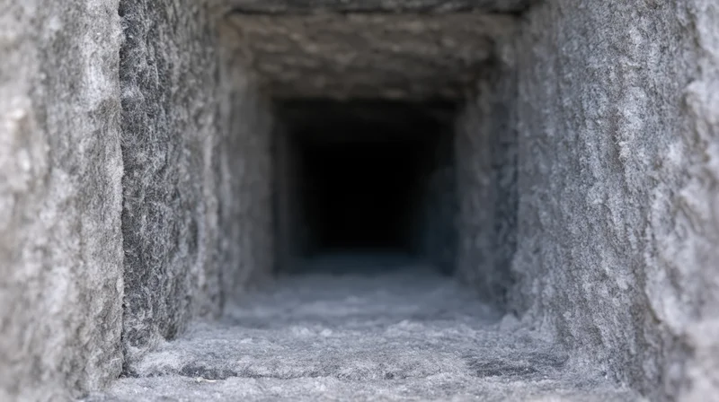 Interior of a dirty rectangular hvac air duct showing a narrow dark passage with rough stone walls and debris on the floor