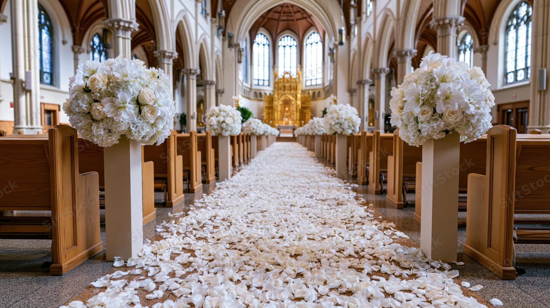 White flower arrangements and scattered petals line the aisle in a grand catholic church interior leading to the altar