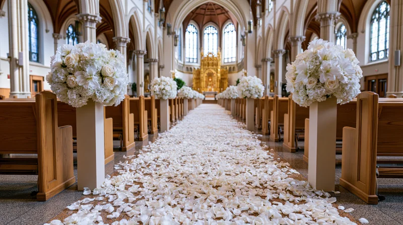 White flower arrangements and scattered petals line the aisle in a grand catholic church interior leading to the altar