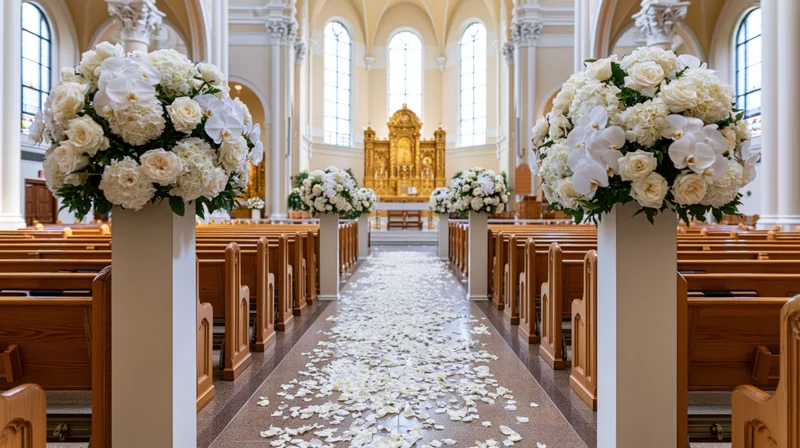 White floral arrangements on columns lining the aisle of a grand catholic church prepared for a wedding ceremony