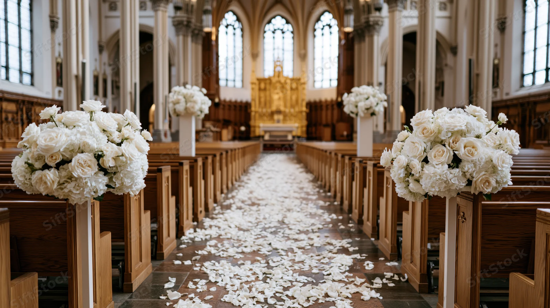 White roses and petals line the aisle in a grand catholic church interior for a wedding ceremony