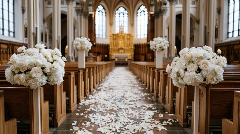 White roses and petals line the aisle in a grand catholic church interior for a wedding ceremony