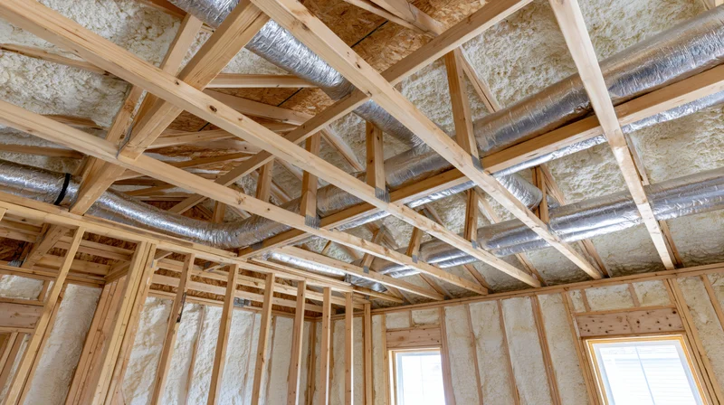Unfinished room interior showing wooden framing and insulation with ductwork on ceiling