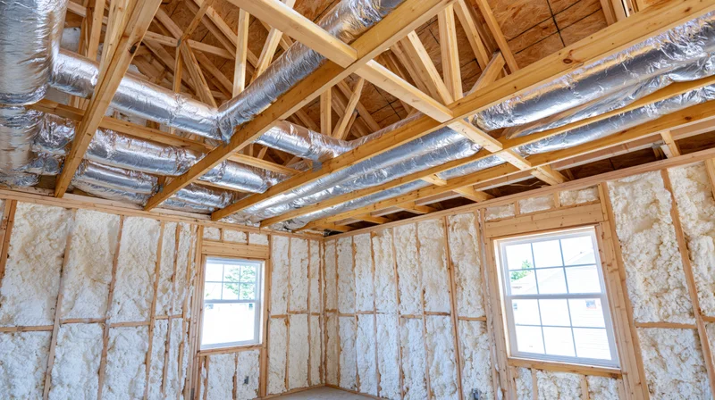 Unfinished room with exposed wooden framing and spray foam insulation on walls and ceiling, featuring ductwork and windows