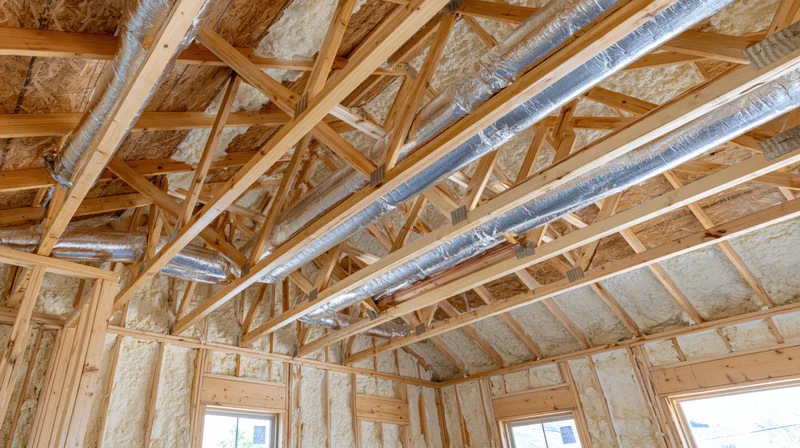 Exposed wooden ceiling beams and insulation in an unfinished house interior