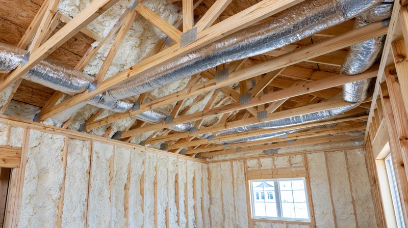 Unfinished room interior with exposed wooden framing and insulation between studs and ceiling beams