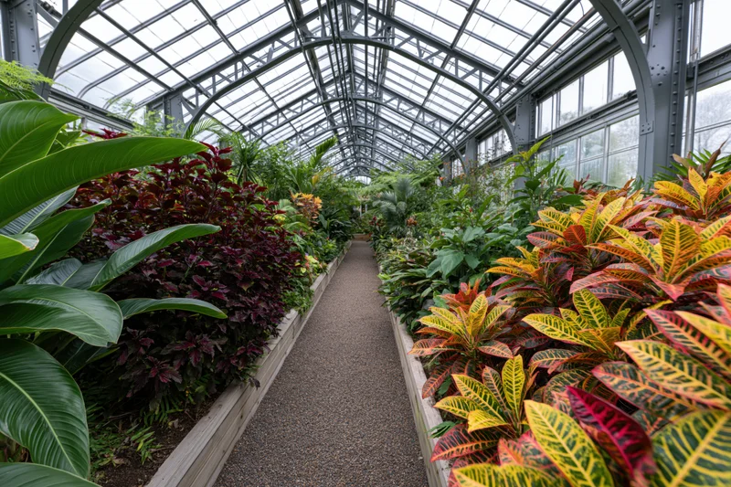 Interior of a large greenhouse with a central pathway lined with colorful tropical plants under an arched glass and metal roof