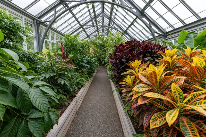 Interior of a large Victorian-style greenhouse with a central pathway lined with colorful tropical plants and foliage under a glass arched roof