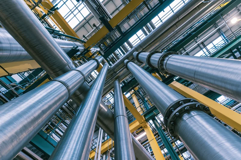 Low-angle view of steel pipes and yellow beams in industrial facility interior