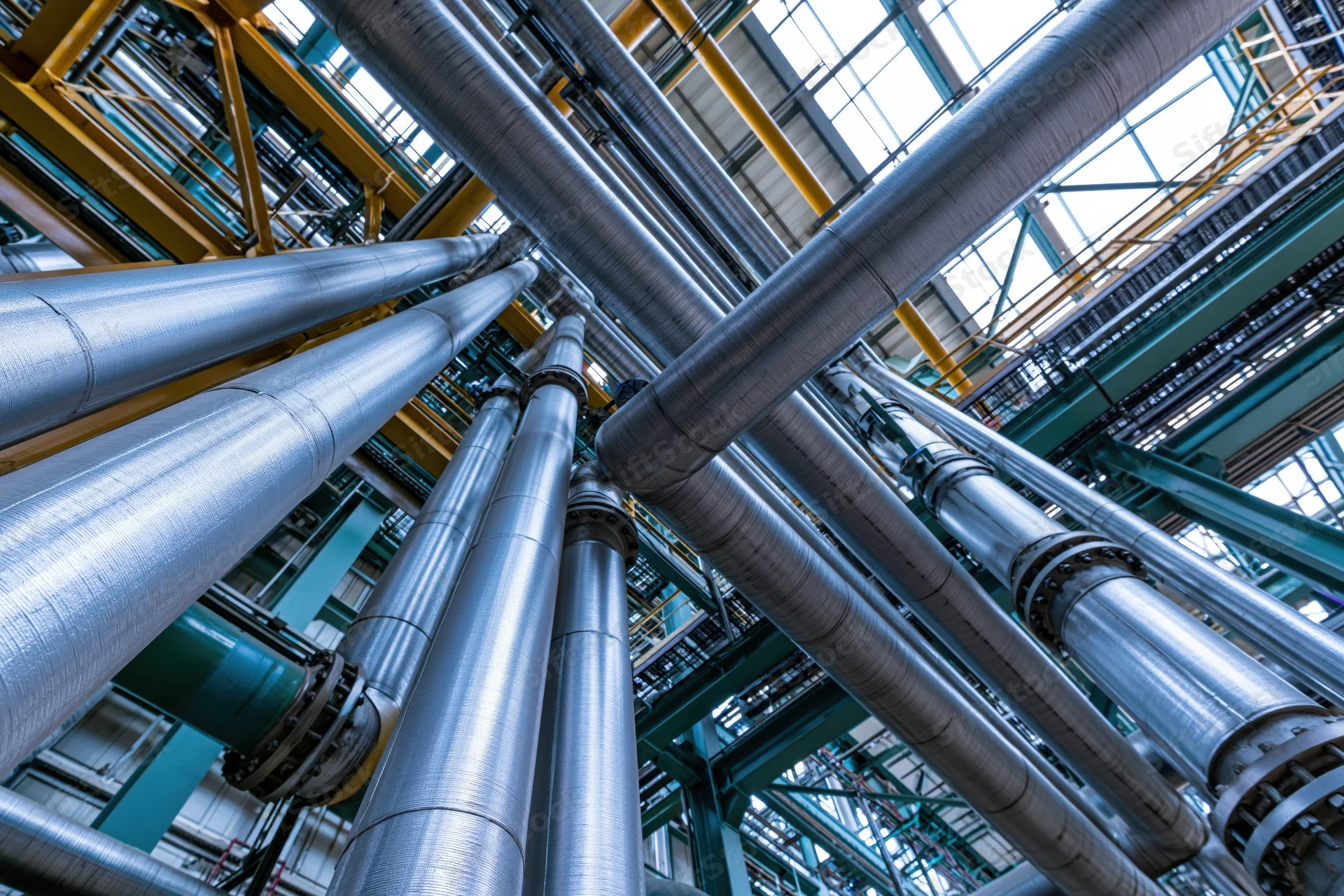 Low-angle view of metal pipes and structural beams inside an industrial facility