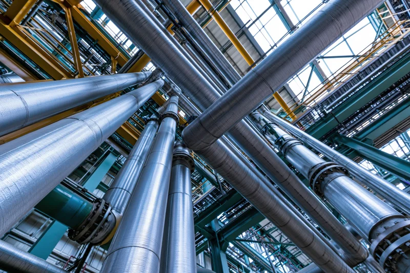 Low-angle view of metal pipes and structural beams inside an industrial facility