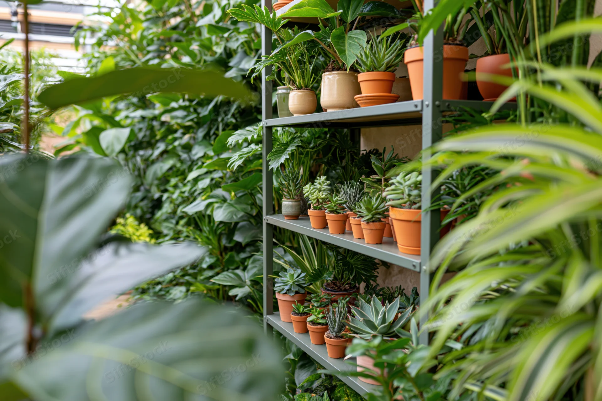 Metal shelving unit filled with potted plants and succulents in an indoor plant shop