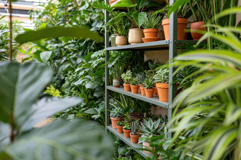Metal shelving unit filled with potted plants and succulents in an indoor plant shop