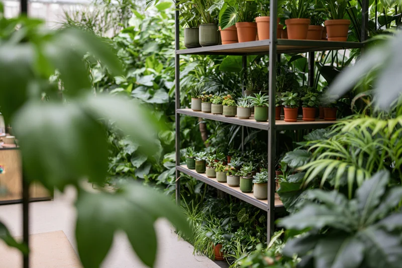 Metal shelving unit filled with potted plants in an indoor plant shop