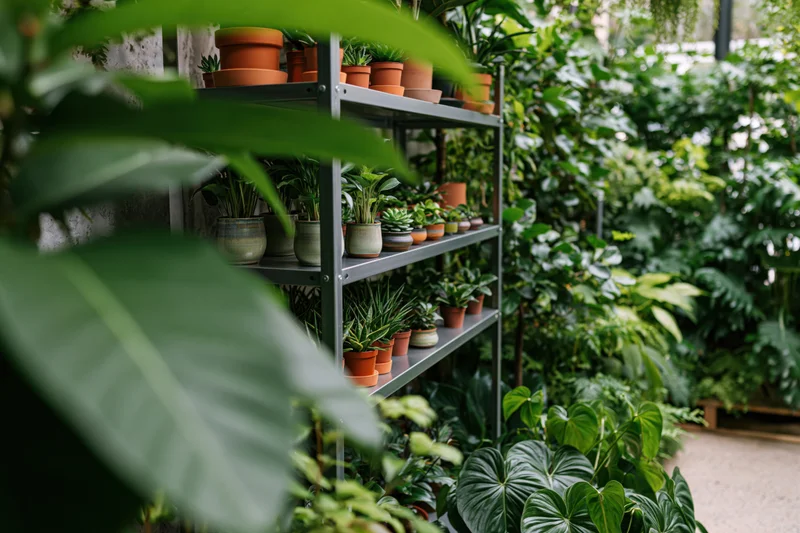 Metal shelving unit holding potted plants in an indoor plant shop