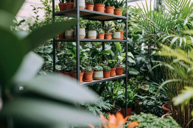 Metal shelving unit filled with potted plants in an indoor garden shop