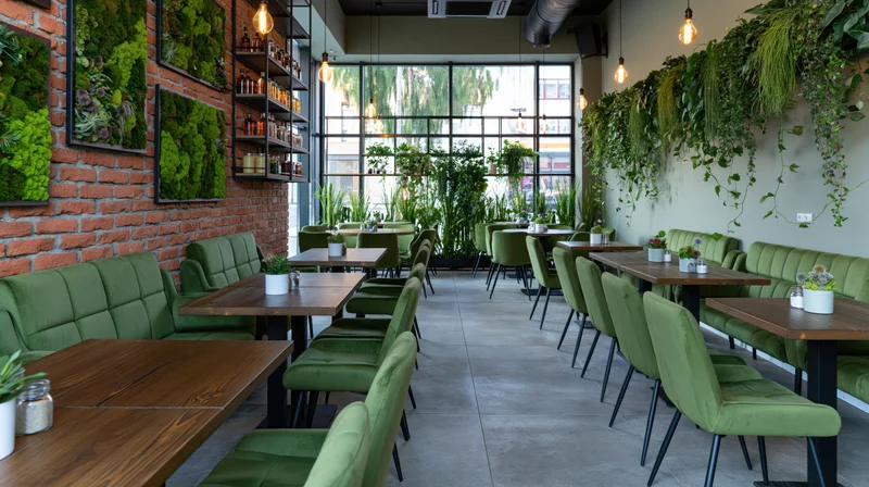 Modern cafe dining area with green upholstered seating and living walls along brick and white walls, natural light from large windows