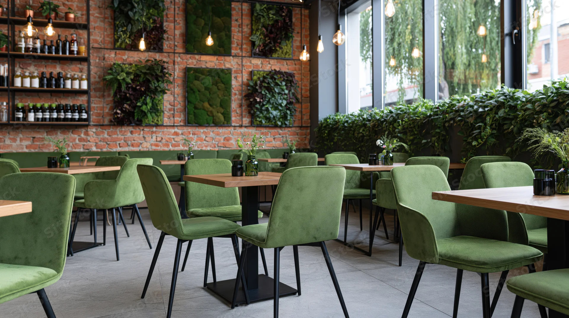 Modern cafe dining area with green velvet chairs and wooden tables arranged near brick walls with vertical gardens and pendant lighting