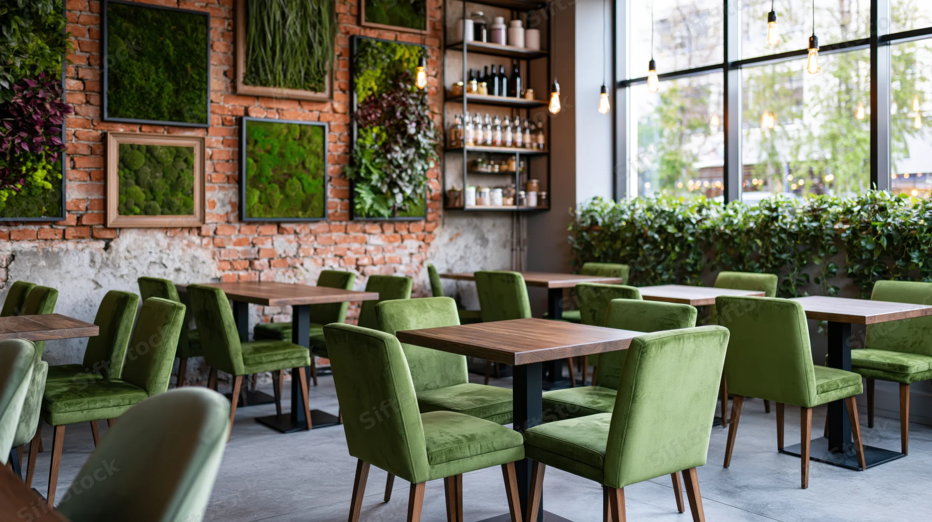 Empty dining area in modern cafe with green velvet chairs and brick walls featuring framed moss gardens