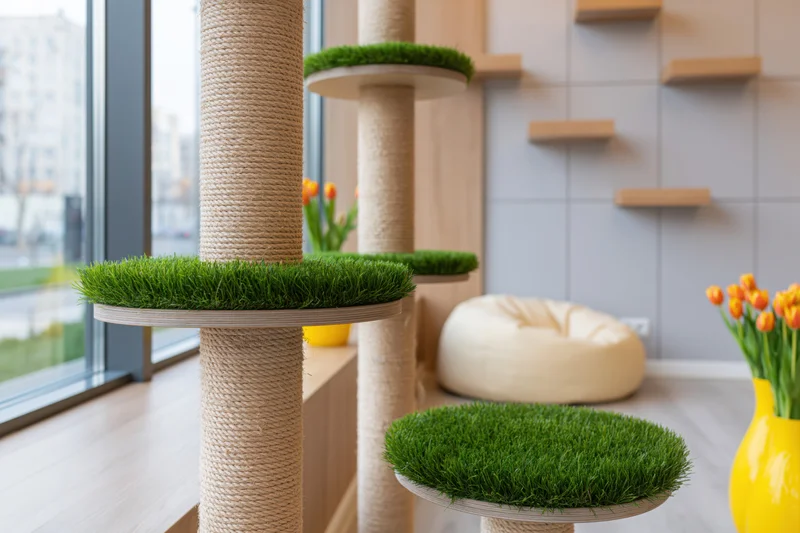 Tall cat tree with grass platforms and sisal scratching posts in a modern pet play room interior